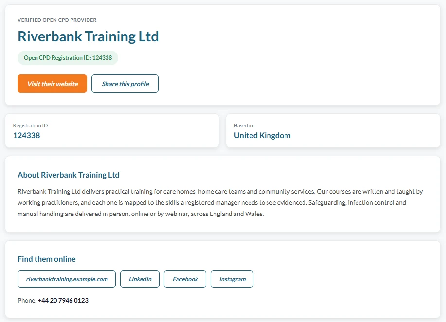 The Riverbank Training Ltd provider profile on Open CPD, showing its verified provider heading, registration ID, location, about text and links to its website and social profiles