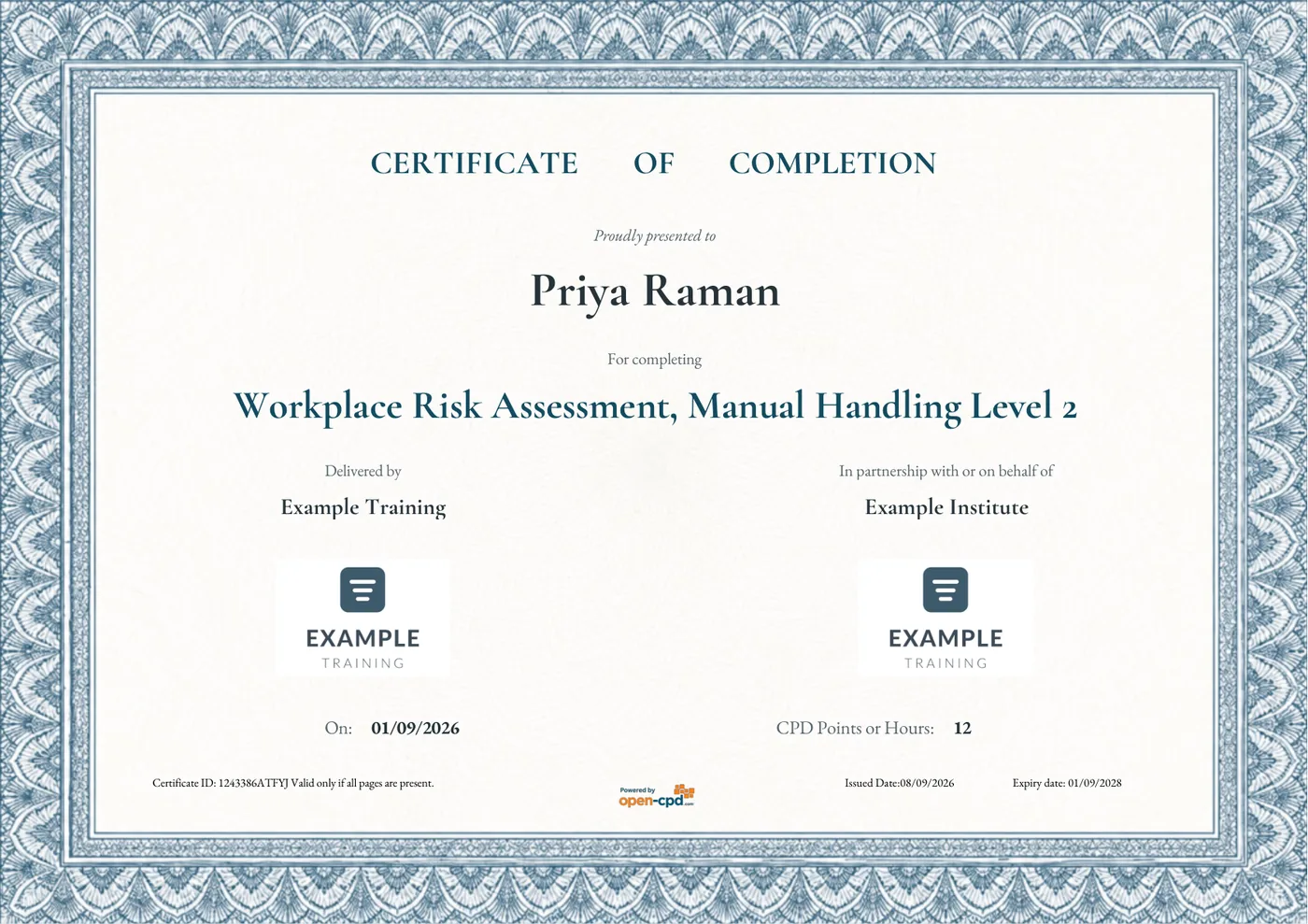 A certificate showing two logo slots, one for the provider and one for the partner organisation