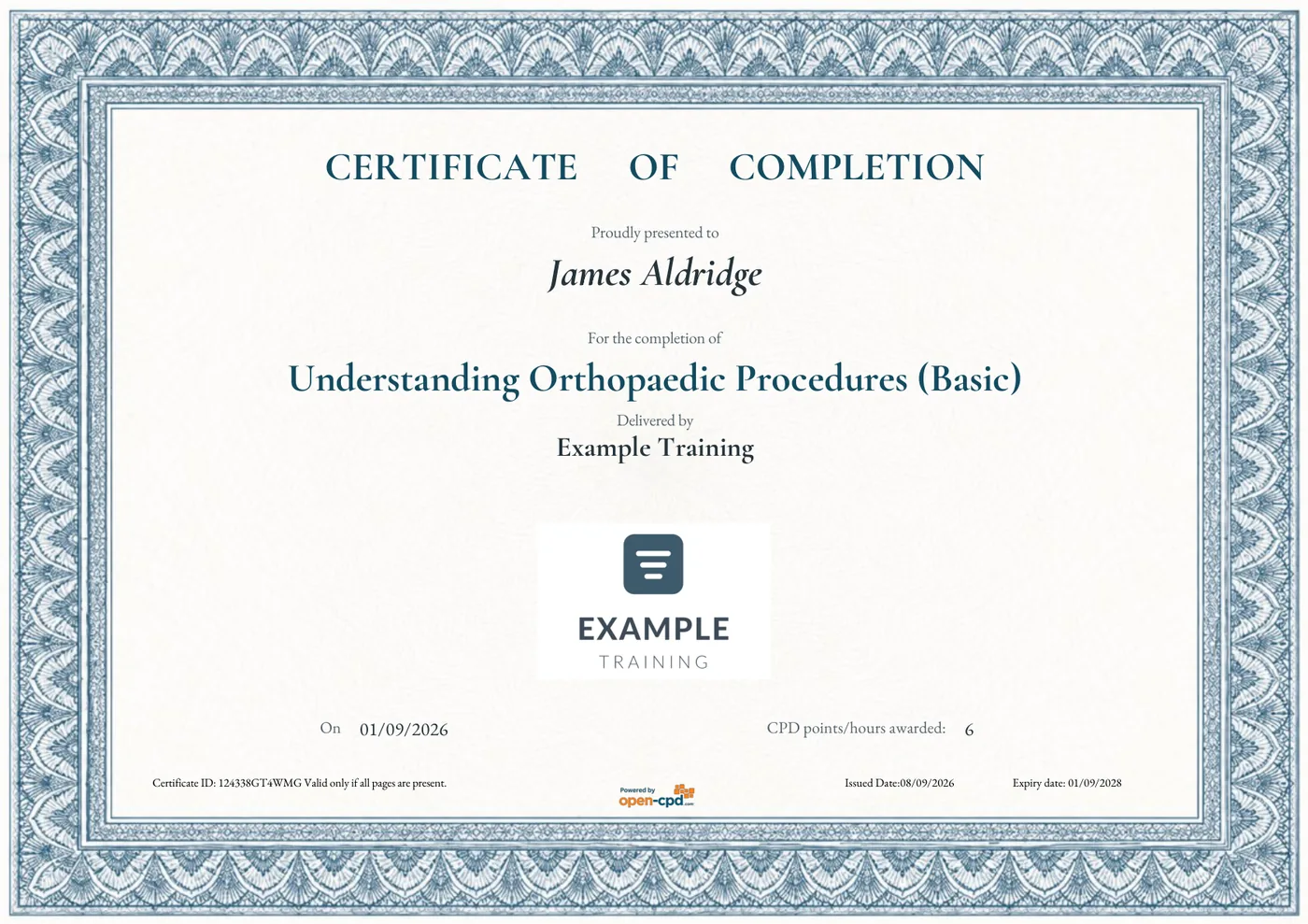 Classic family CPD certificate design, completion, landscape, with one logo