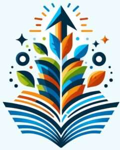 Open book with colourful leaves forming an upward arrow to represent learning and professional growth